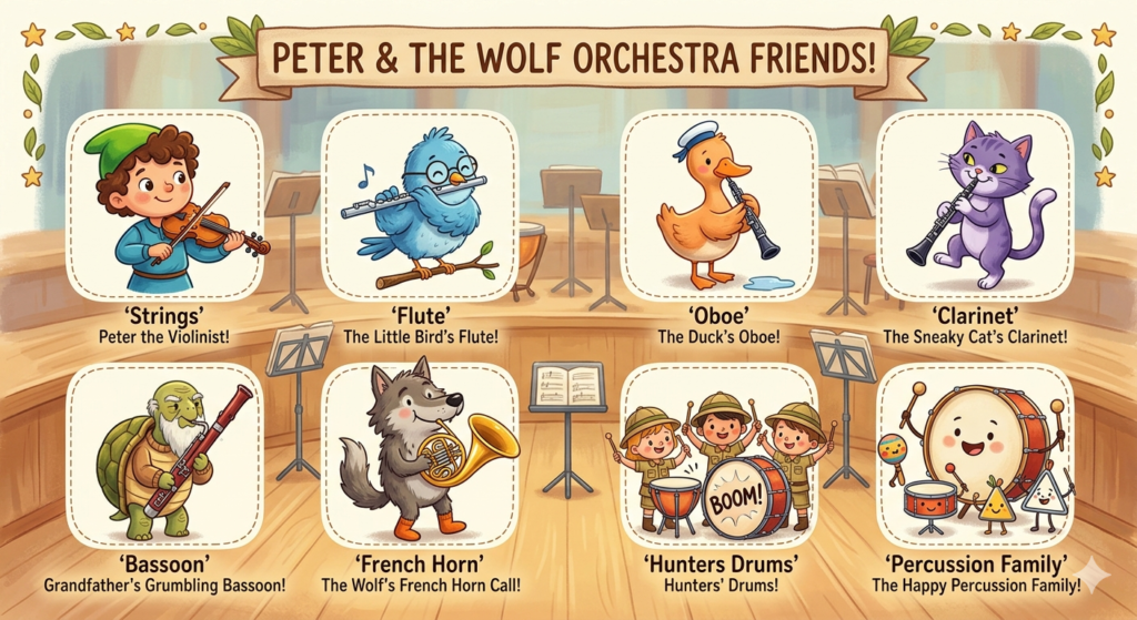 Peter and the Wolf orchestra character and instrument guide for children