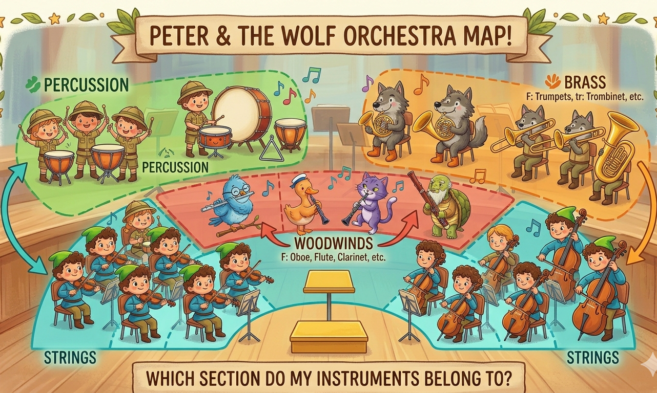 Peter and the Wolf orchestra seating and instrument map